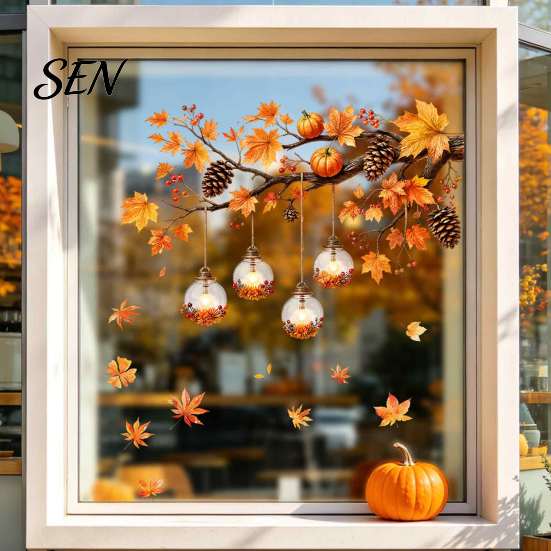 Seasonal Window Art Autumn Maple Leaf And Lantern Static Sticker, Double Sided PVC Waterproof Stickers Decals, Removable Electrostatic Glass