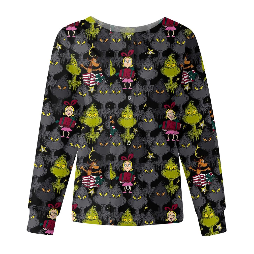 Women's Casual Fashion Long Sleeve Standing Collar Single Breasted Christmas Print Workwear Jacket Tops
