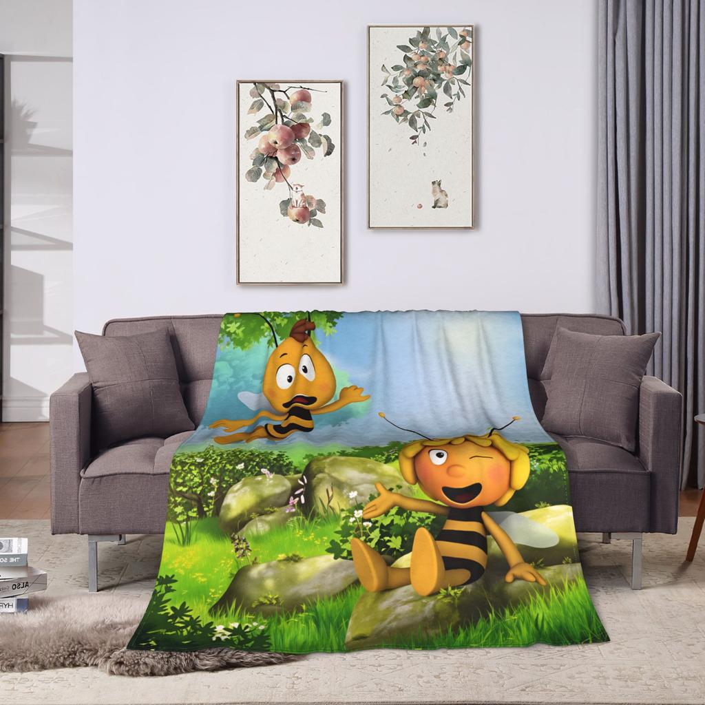 Maya The Bee With Flowers Blanket Cartoon Soft Comfortable Plush Throw Blanket For Couch Bed Camping Flannel Bedspread Bed Cover
