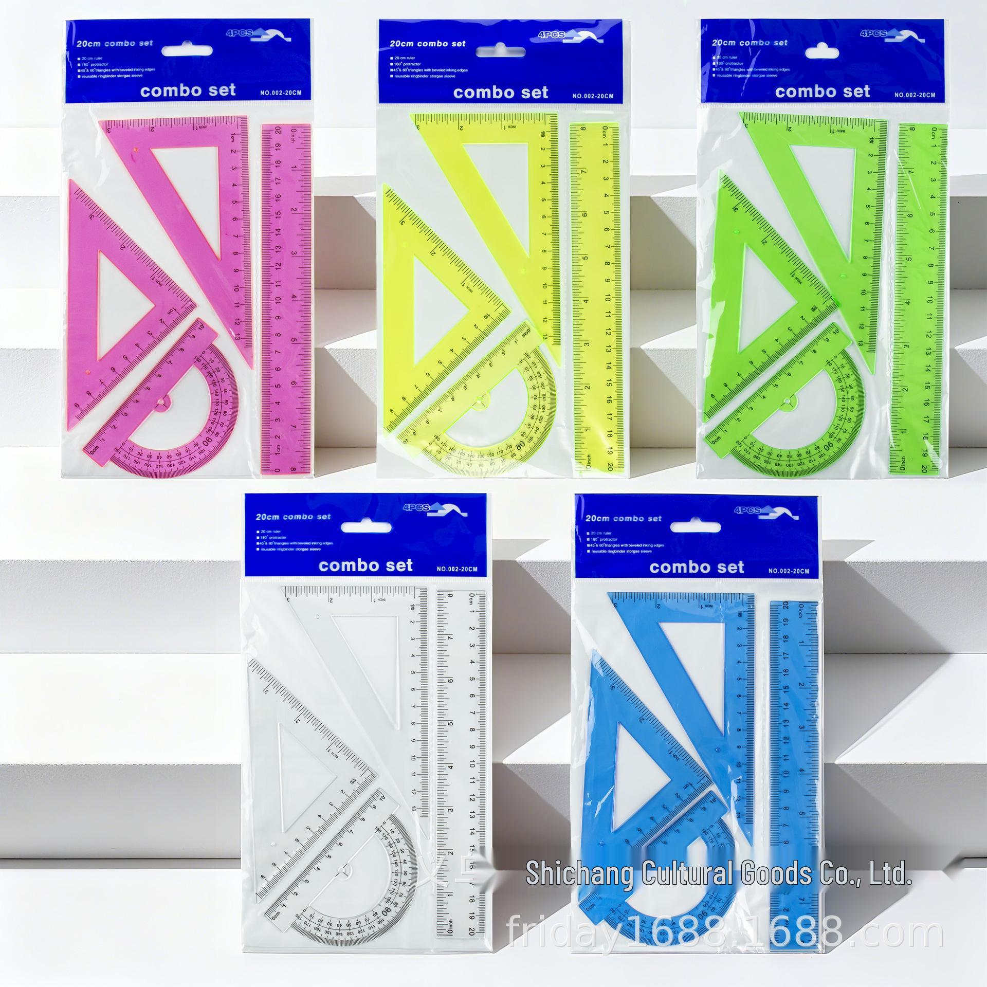 4-Piece Transparent Ruler Set: 15/20/30cm Rulers & Large Triangle Square Accessory Random color