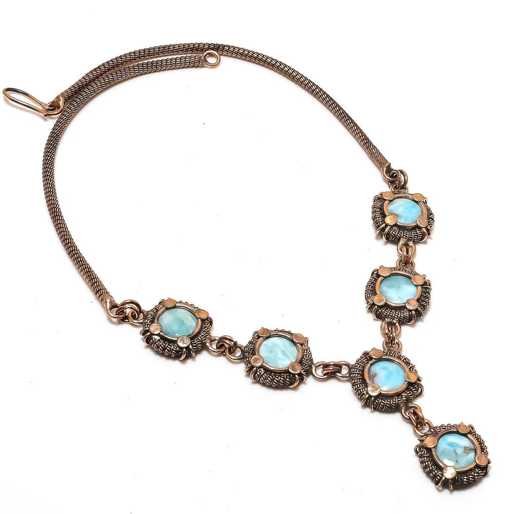 Larimar Necklace, 999 Copper Wire Wrapped Adjustable Chain Necklace. Gift For Women Handmade Necklace Gemstone Jewelry