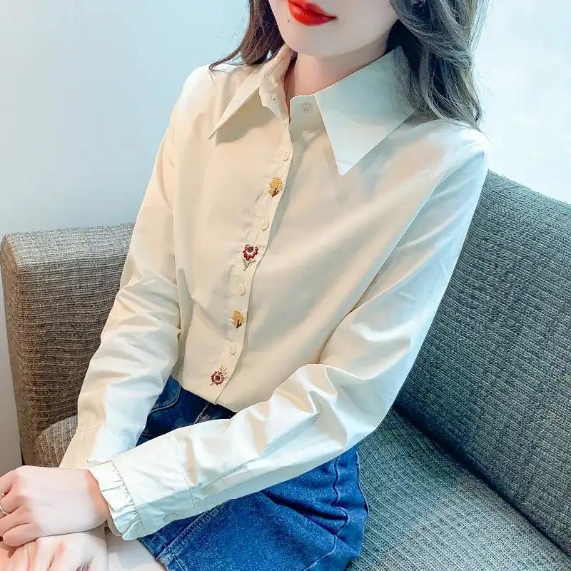 Women s Beige Embroidered Button-Down Blouse Long Sleeve Casual Office Shirt S абрикосовый