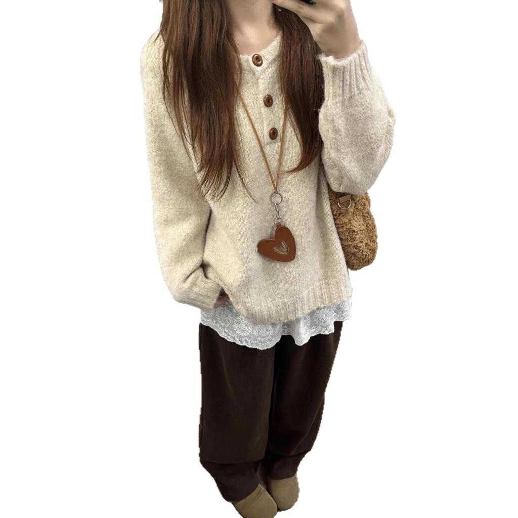 Herbst und Winter Rundhals Pullover Gestrickter Pullover für Damen Locker Lässig Langärmliges Innenoberteil