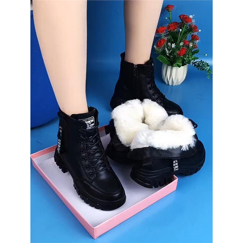 2025 Thick-soled Martin Boots Women's Height Increase In Autumn and Winter Real Soft Leather Short Boots Winter Velvet Cotton Shoes Leather Snow Boots