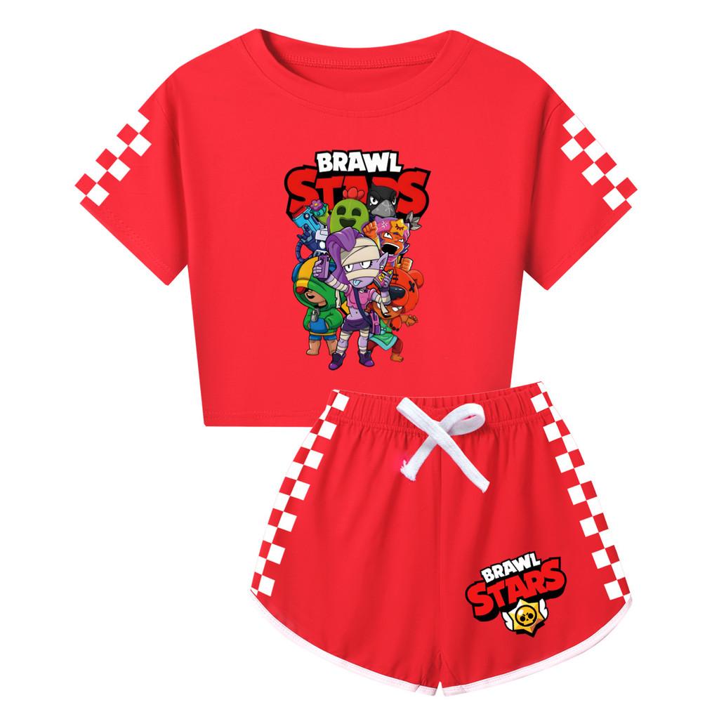 4094 Kids Girls Brawl Stars Print Short Sleeves T-Shirt Shorts Pants Sport Clothes Set