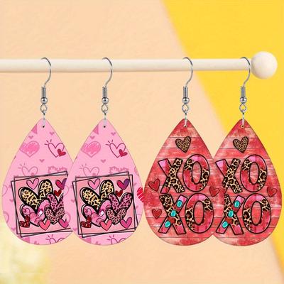 Sexy Leopard Love Print PU Earrings for Women Girls, Romantic "XOXO" Jewelry Drop Earrings, Wedding Engagement Festive Hoop Earring Jewelry,
