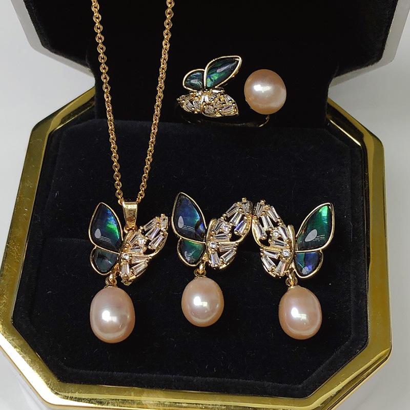 Live Dropshipping Freshwater Pearl Jewelry Set: Stylish Necklace, Ring & Earrings for Women Without chain and box