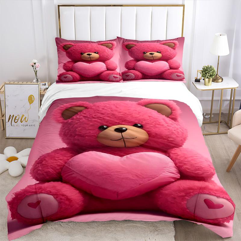 3pcs Pink Teddy Bear Bedding Set - Includes One Quilt Cover and Two Pillowcases (No Core) - Home Decor, Festival Gift, Polyester Fabric, Ani