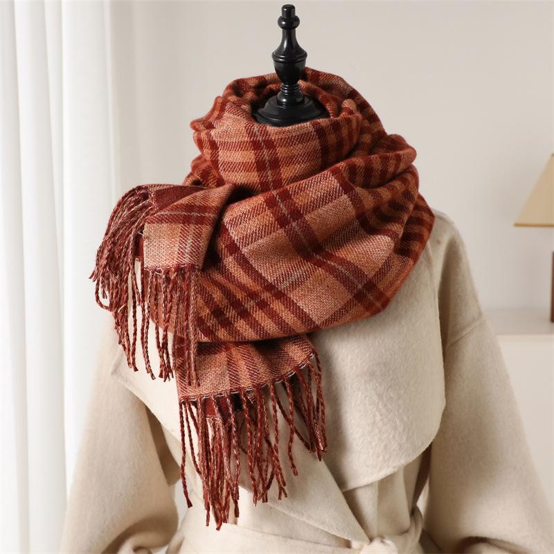 Cross-Border High-End Autumn And Winter Plaid Warm Scarf Women'S Shawl Versatile Commuter Fringed Fine Sand Imitation Cashmere Scarf
