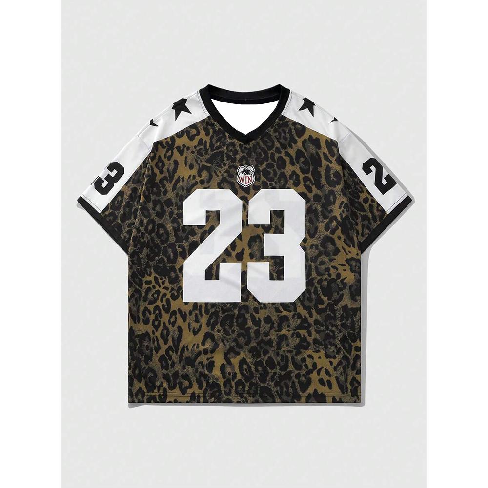 Summer Street Hip-Hop Style Sporty V-Neck Short-Sleeved Leopard Print Lettering Pattern Loose Quick-Drying Women's T-Shirt