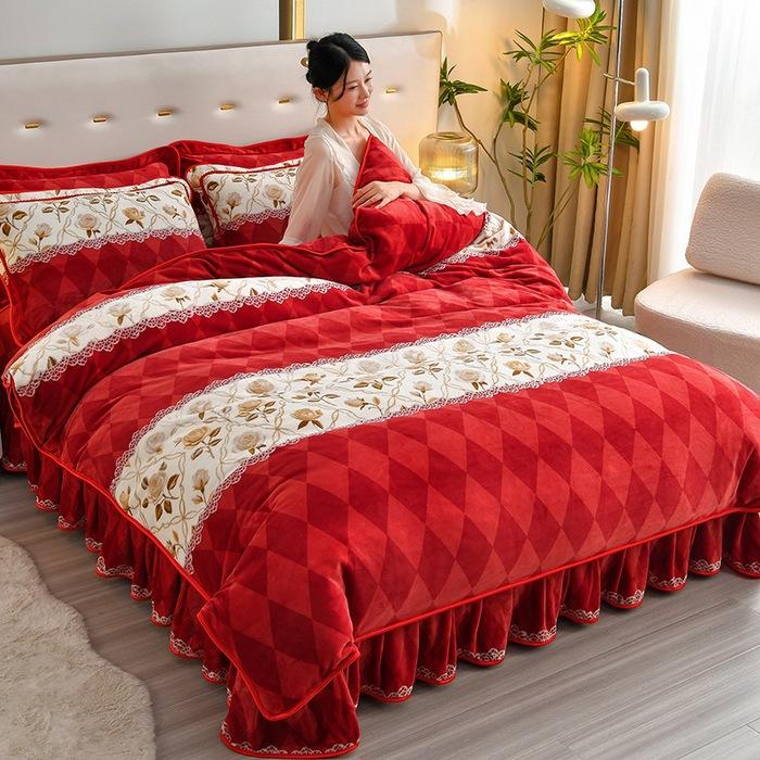 Thickened Milk Fleece Four-Piece Coral Fleece Quilt Cover, Bed Sheet Fleece Double-Sided Fleece Flannel Bedding, Bed Skirt