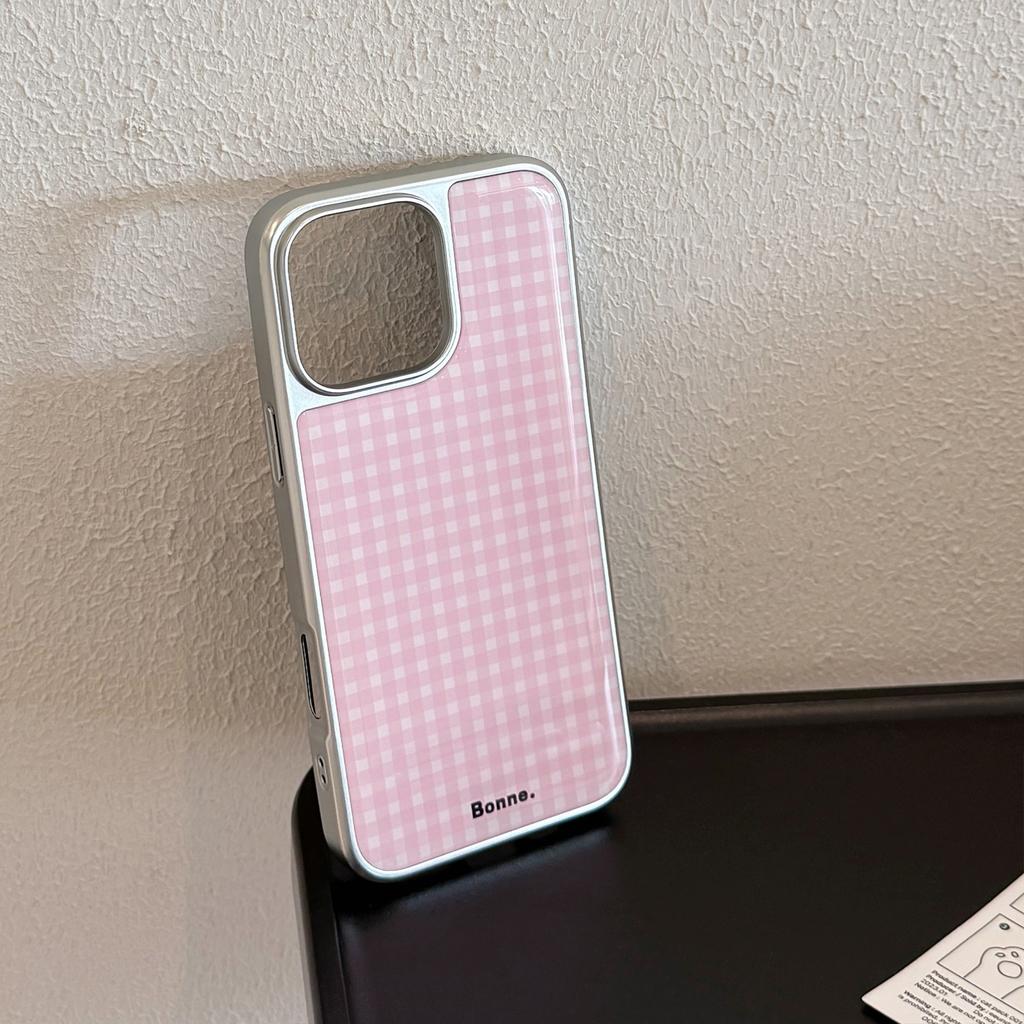 Ins Korean Pink Blue Grid Simple Girl Heart Phone Case for iPhone 17 16e 16 15 14 13 12 11 Pro Max X XR Air Plus Luxury Clear
