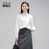 French style lace patchwork V-neck long sleeved shirt for women commuting