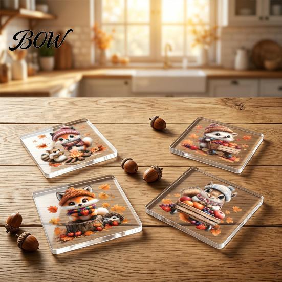 Double Sided Printed Drink Coasters 4Pcs Maple Leaf Squirrel Acrylic Coaster, 2D Reversible Cup Mat for Coffee Halloween Brain Pattern Table