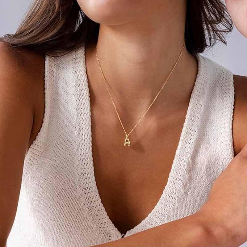 Minimalist Clavicle Chain Necklace with Stainless Steel Bubble Letter Pendant (A-Z)