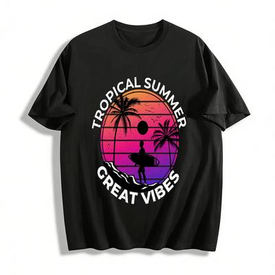 Retro Sunset Surfing Coconut Tree Graphic Casual T-Shirt Pure Cotton T-shirt