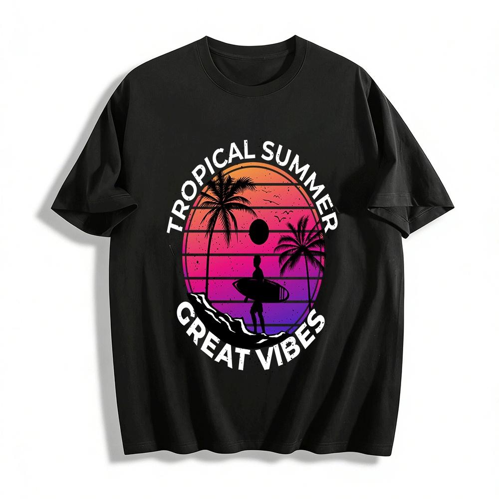 Retro Sunset Surfing Coconut Tree Graphic Casual T-Shirt Pure cotton T-shirt XXS