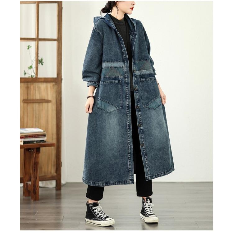 European Style Patchwork Denim Jacket Women Hooded Loose Fit Long Trench Coat Autumn Oversized Outerwear Plus Size