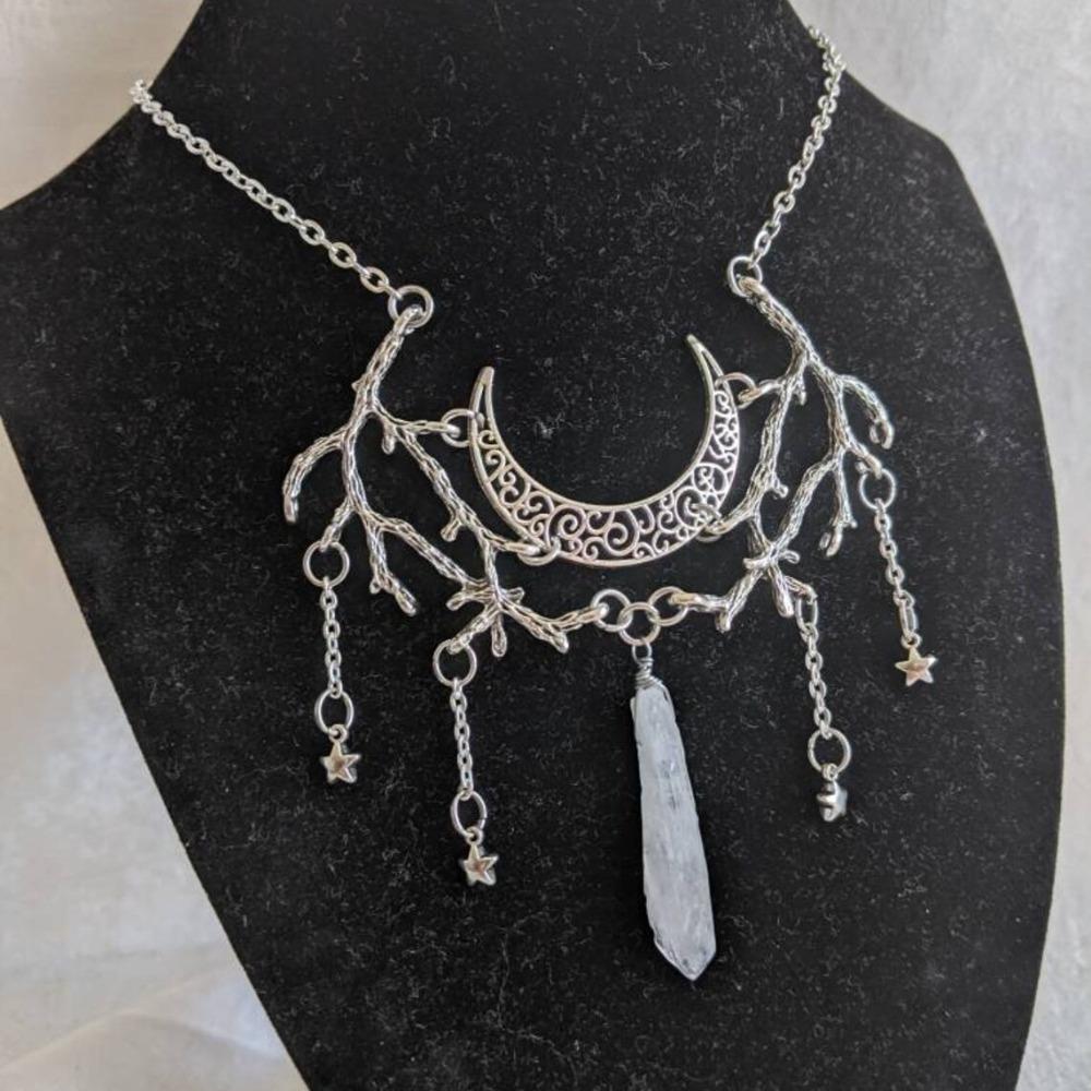 Bohemia Temperament Sliver Color Hollowed-out Moon Stars Tassel Irregular Crystal Pendant Necklace for Women Magic Witch Jewelry
