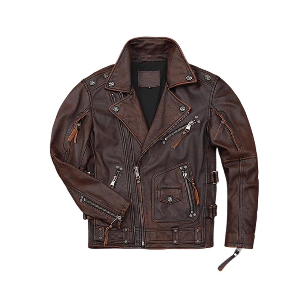 Chinese Size Heavy Motorcycle Jacket Natural Cowhide Leather Top Layer Brown Causal Vintage Retro Moto Suit Leather Coat Winter