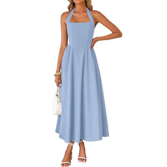 Yousheng Women's Halter Midi Dress, Summer Sleeveless Backless A-Line Long Dress, Square Neck Vacation Beach Sundress