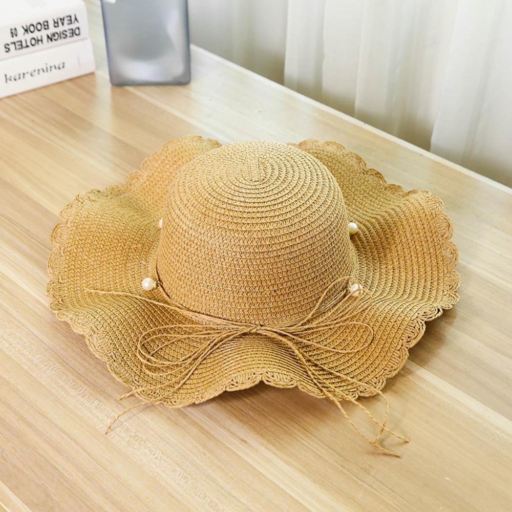 French Style Pearls Strap Straw Hat Wide Brim Women's Sun Hat Ins Folding Straw Hats  Girls