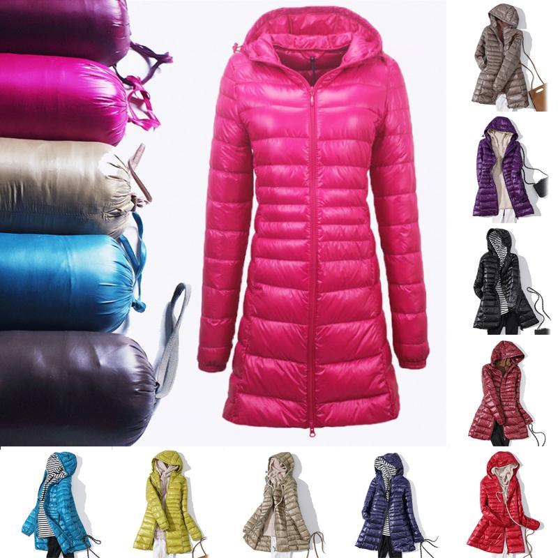 Damen Ultraleichte weiße Entendaunenjacke Damen Herbst Winter Warmer Mantel Lässiger schlanker langer Entendaunenmantel mit Kapuze Damen Oberbekleidung