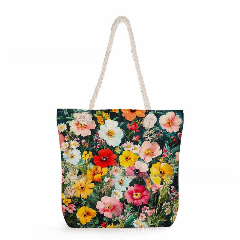 Multifunctional Flower  Printed Thick Rope Shoulder Beach Bag 7578