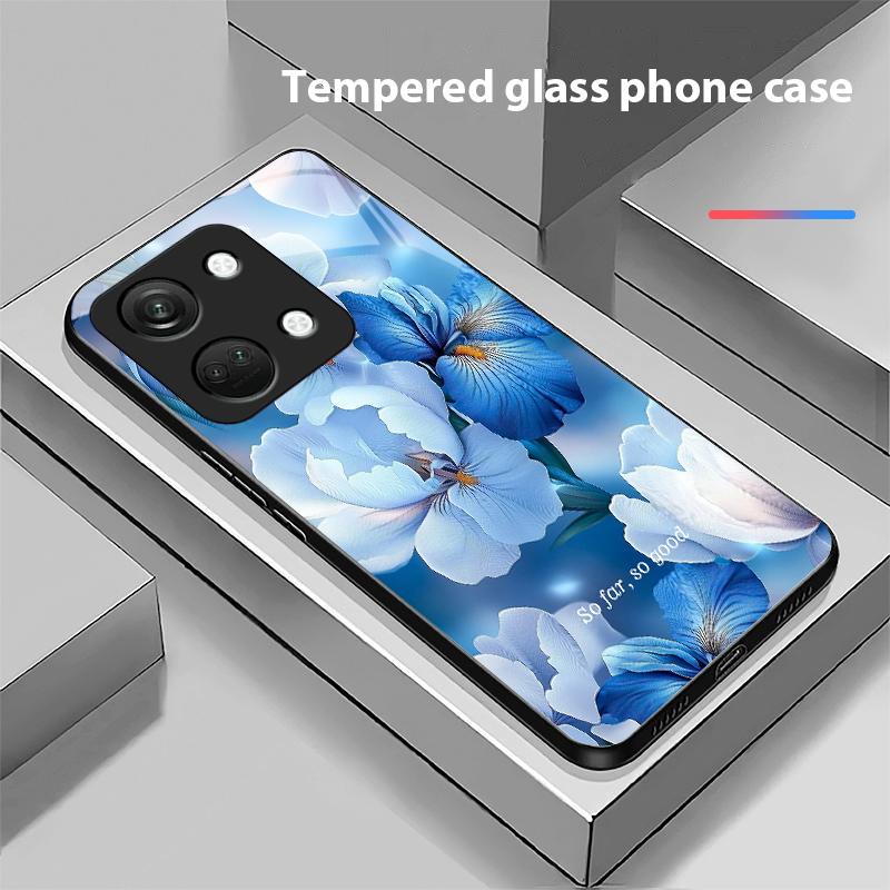 Blue Flower Element For OnePlus Nord 3 5 6T 7 Pro 8 12 10T Reno8 Lite 5G 10R Nord N30 Shell Tempered Glass Phone Case Black