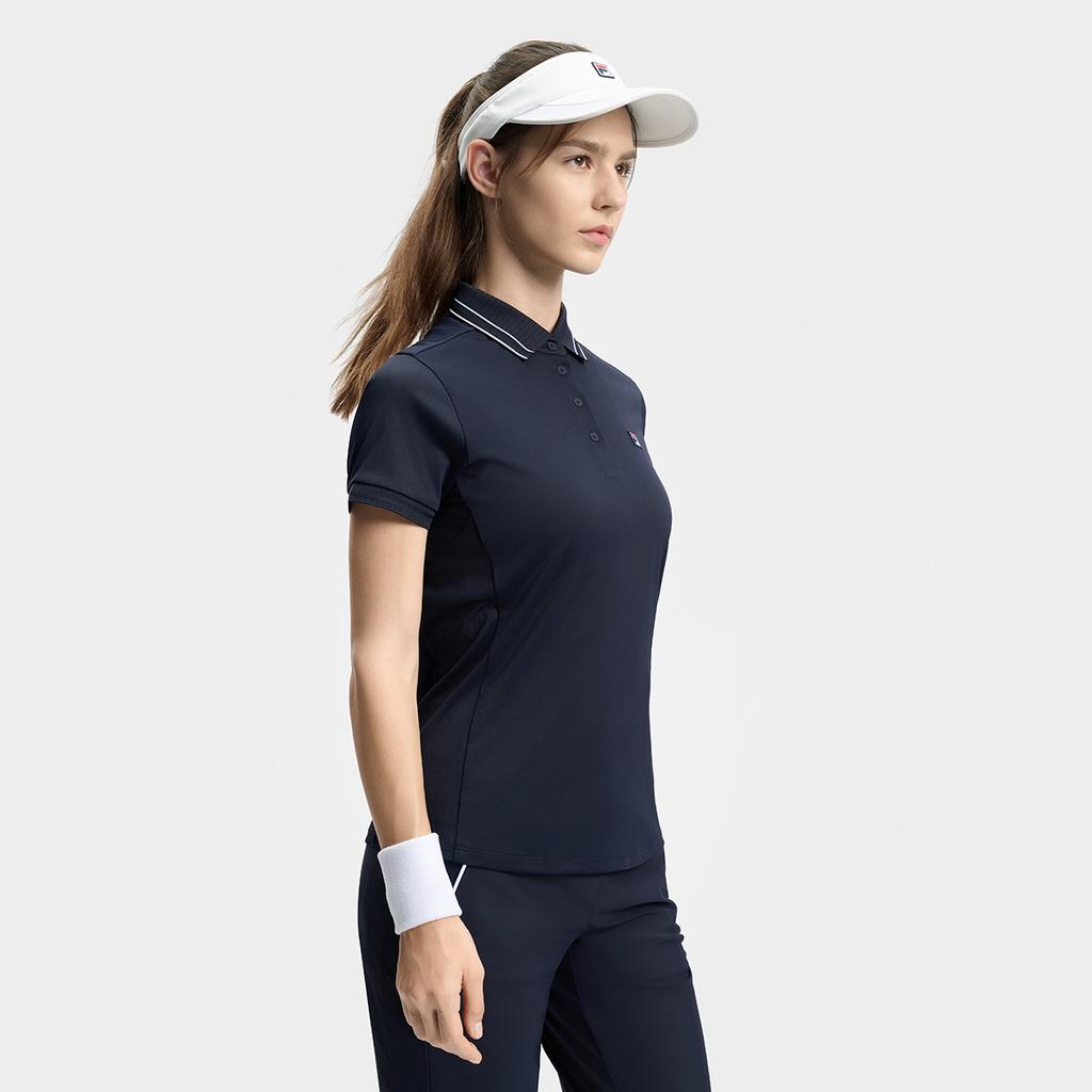 Fila Sport Versatile Minimalist Small Logo Striped Short Sleeve Polo Shirt Women Tops Royal-Blue A11W433107FNV