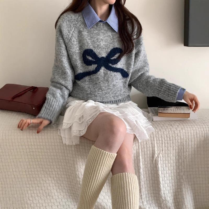 Girly bow jacquard crew neck sweater women's autumn and winter new lazy wind outside knitted sweater top