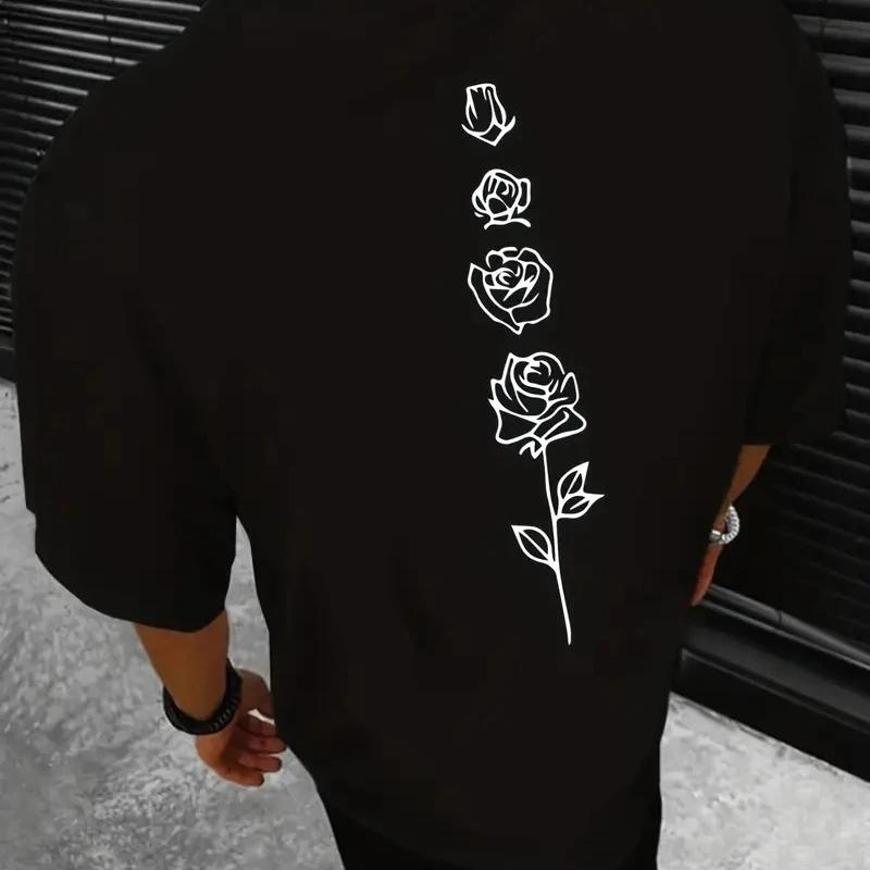 New Rose Print Mens TShirt Loose Fit Summer Casual Short Sleeve Tshirts Simple and Stylish Harajuku Style Mens Top Cotton