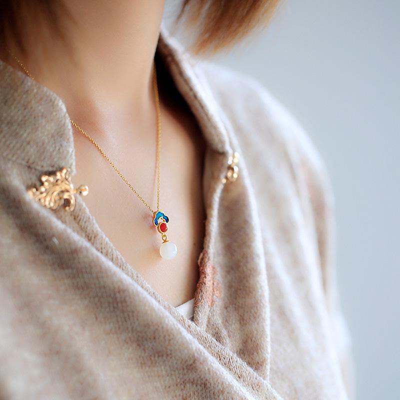 925 Silver Gilded Hetian Jade Enamel Pendant Necklace - Retro Chinese Style