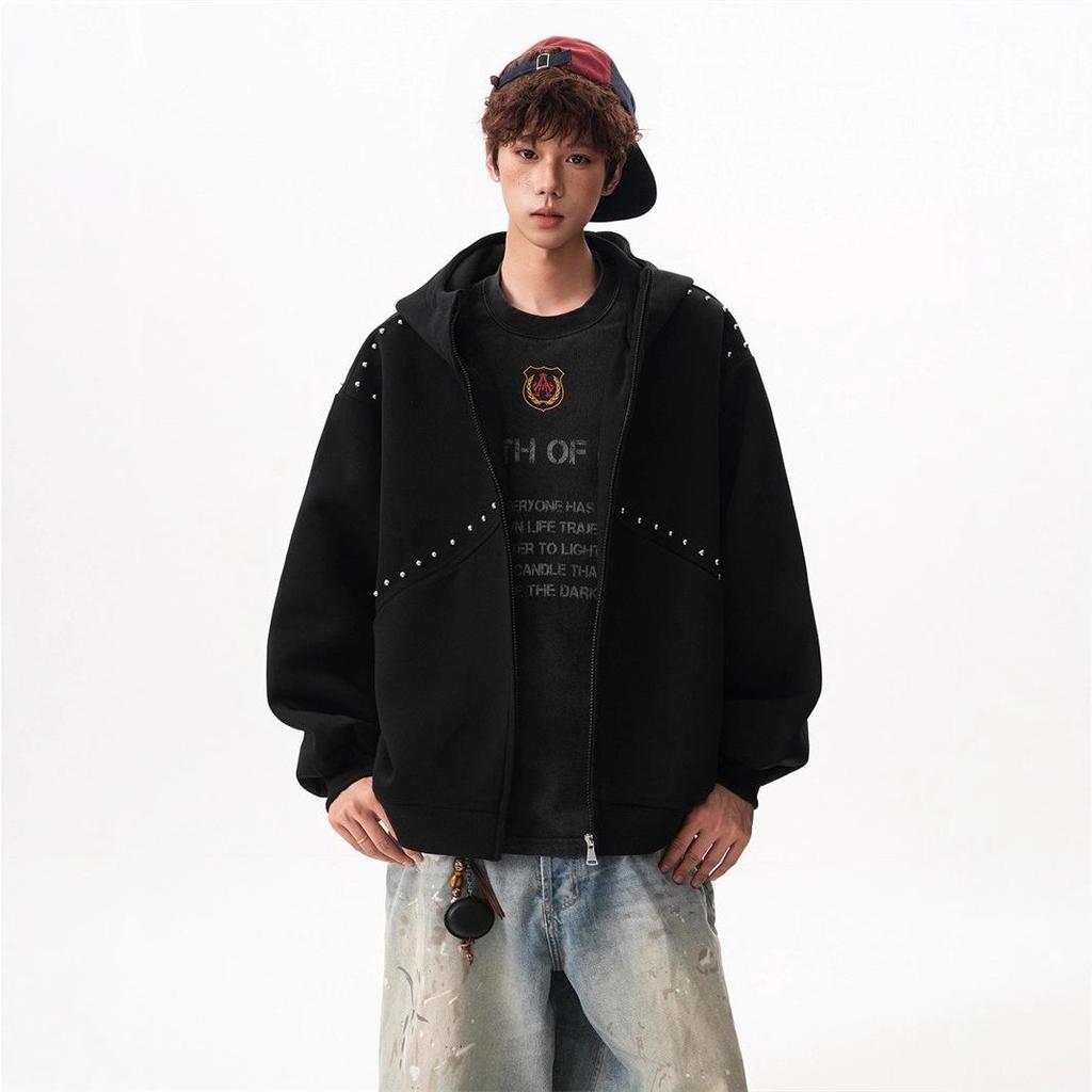 Unisex Velvet-Lined Retro Street Style Rivet Hooded Cardigan