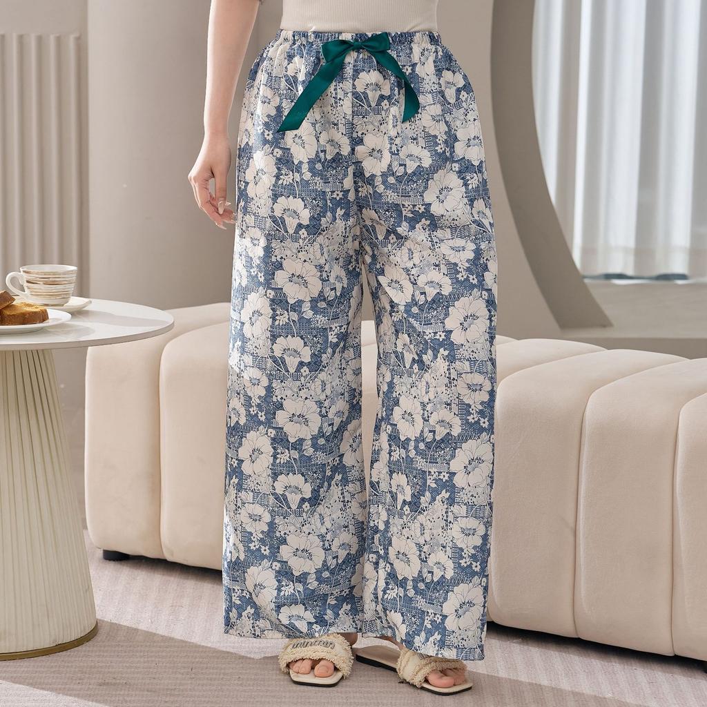 Cotton Silk Family Spring and Autumn Women's Cotton Silk Pajama Pants Wide-leg Pants Thin Artificial Cotton Can Be Worn Outside Casual Home Pants
