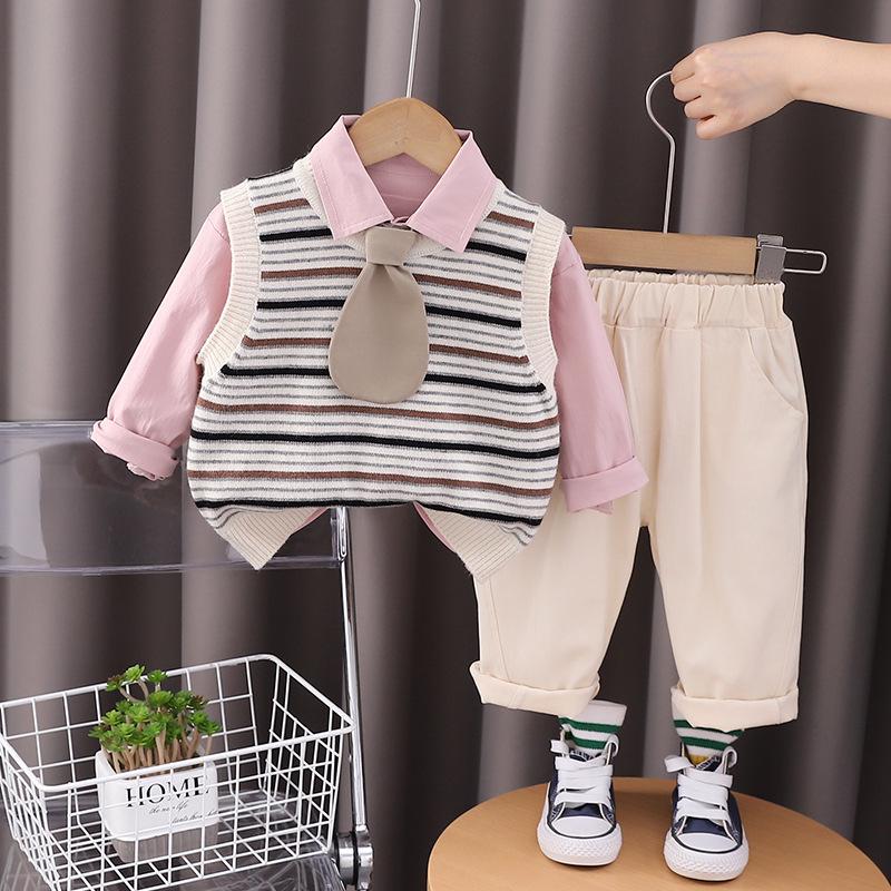 

Весенний комплект-тройка для мальчиков 2024: Однотонный жилет свитер в корейском стиле, рубашка со стойкой, повседневный наряд. 80cm