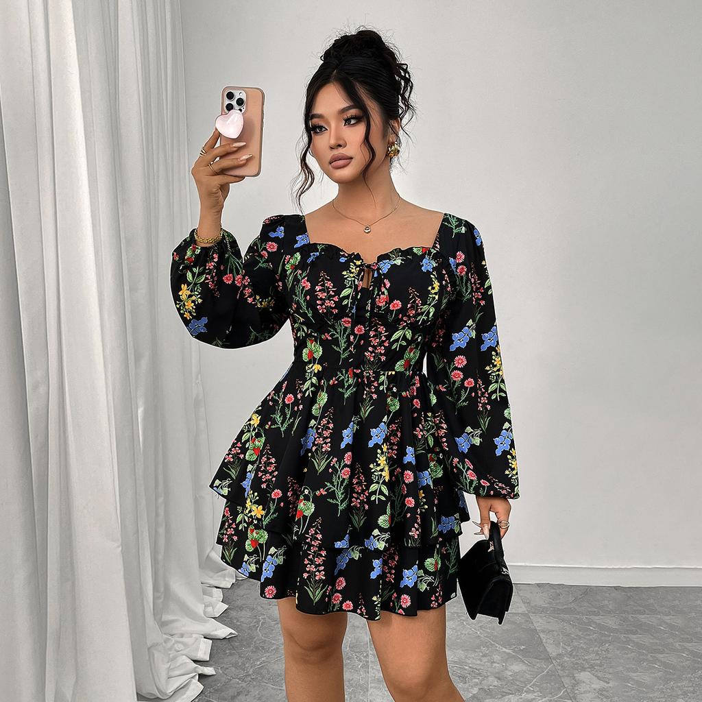 New Printed Cake Dress Square-neck Backless Sexy Puffed-sleeve Dress