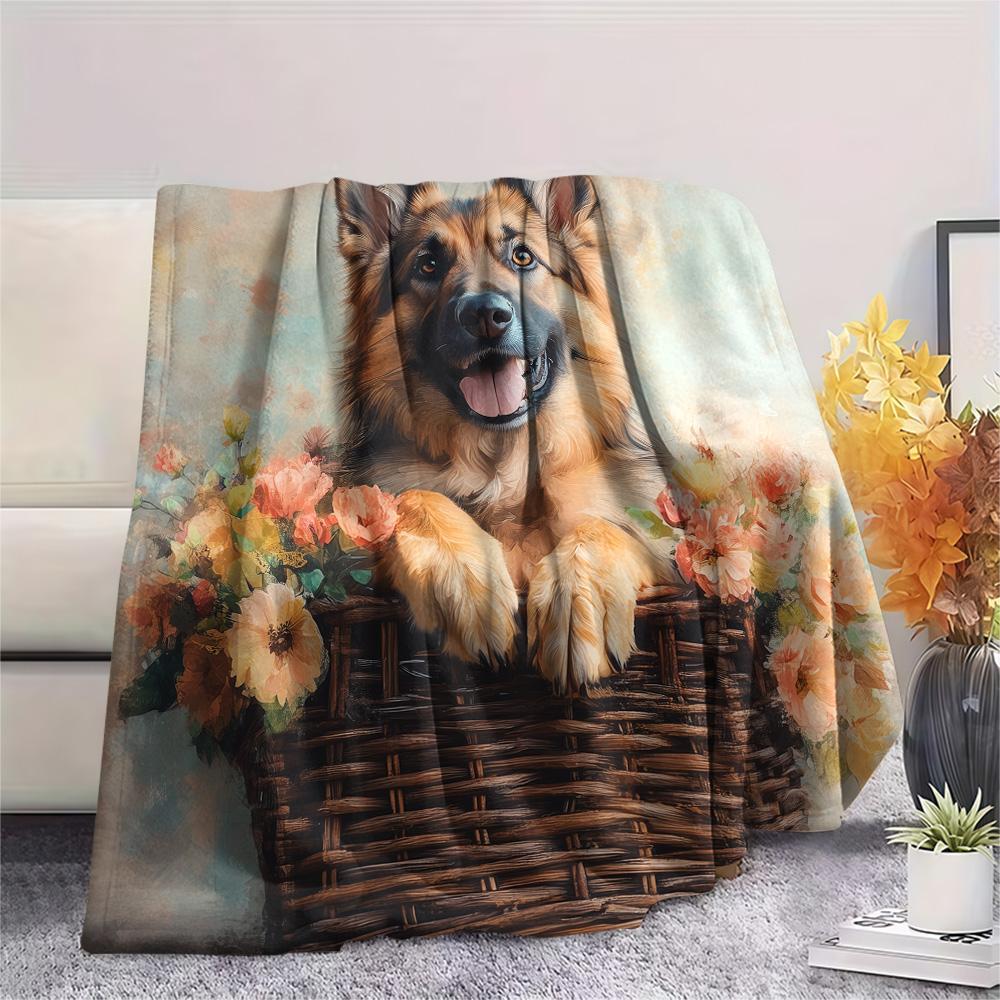 Flower Basket Dogs Print Flannel Blanket, High quality Comfortable for All Seasons, Home Decor, Warmth and Comfort