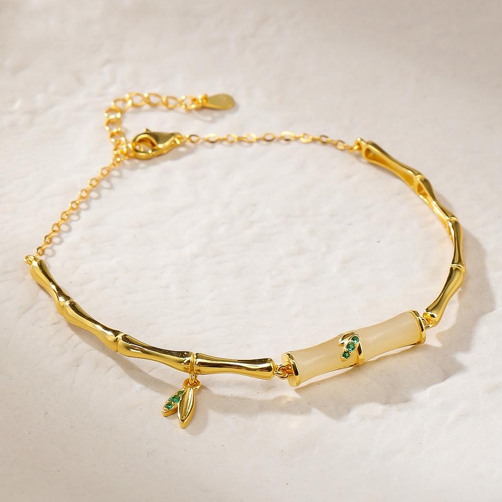New Sterling Silver Bamboo White Jade Beaded Bracelet Adjustable Chain Women's Gift Jewelry