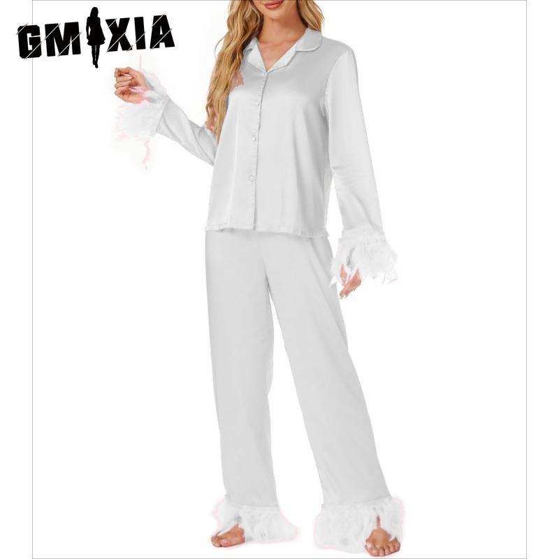 GMXIA Luxury Elegant Feather Loungewear Set Pajamas Long Sleeve Long Pants Two Piece Set