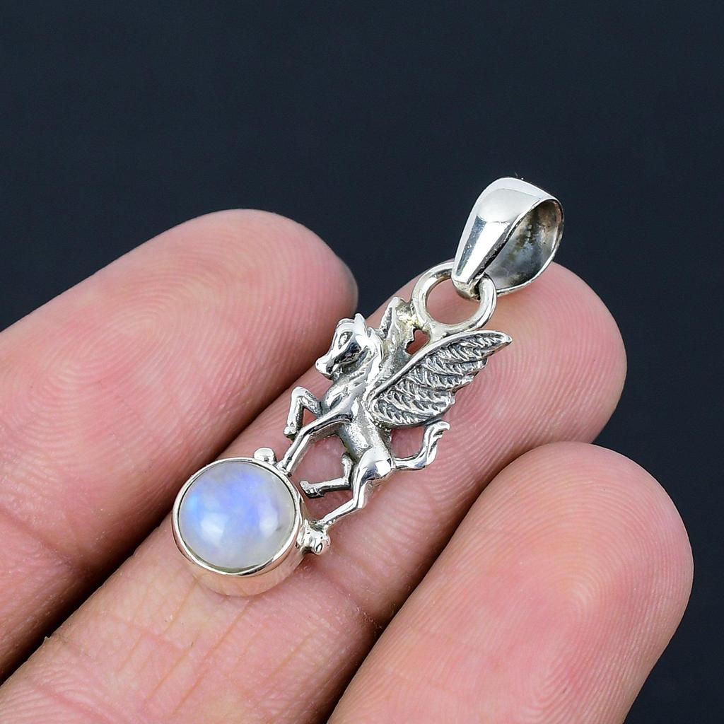 Přívěsek z přírodního duhového měsíčního kamene, stříbro 925, ručně vyrobený přívěsek s jednorožcem a koněm, dárek k Valentýnu