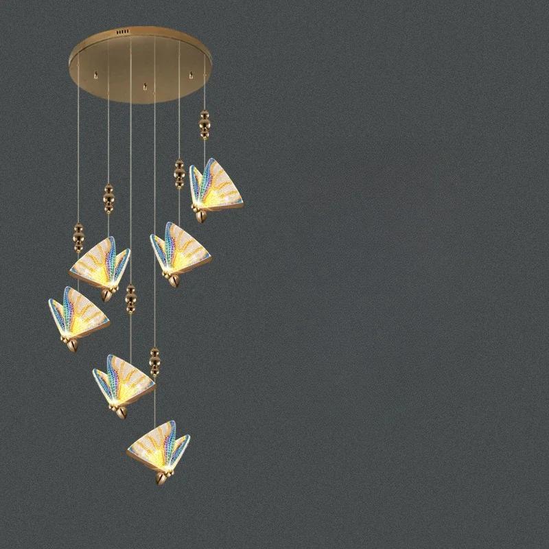 Nordic Duplex Luxury Living Room Background Wall Creative Decoration Rotating Staircase Butterfly Attic Hollow Chandelier