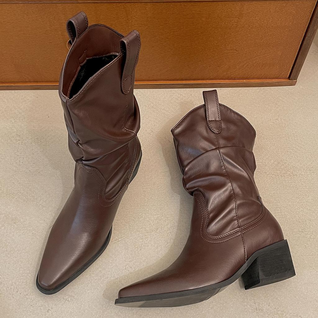 Black pointed thick heel heightening western cowboy boots women's 2025 new autumn retro thin pile short boots