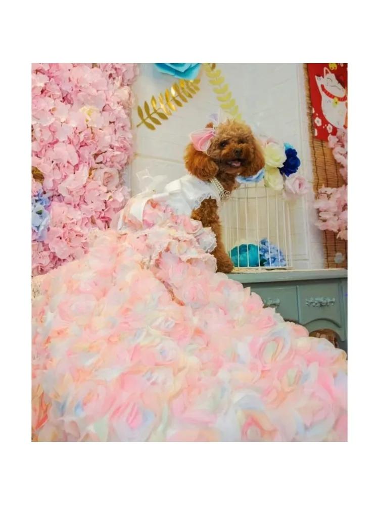 Robe de Mariage Handmade pour Animal de Compagnie, Robe Longue à Traîne de Luxe pour Animal de Compagnie, Costume de Princesse, Tenue d'Anniversaire pour Chiot, Fleurs 3D Design Personnalisé
