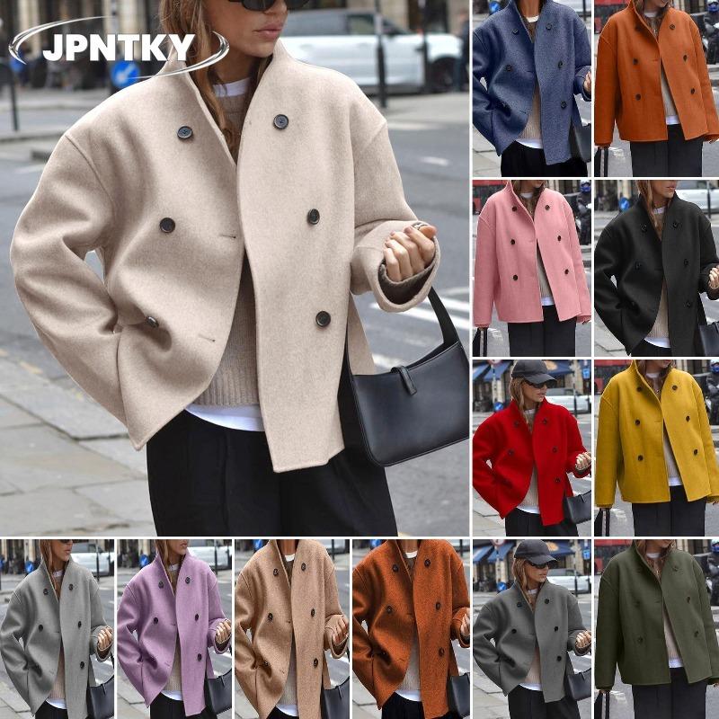 JPNTKY Women's Vintage Casual Solid Color Print Autumn Winter Long Sleeve POLO Neck Jacket Unique designs & Coats