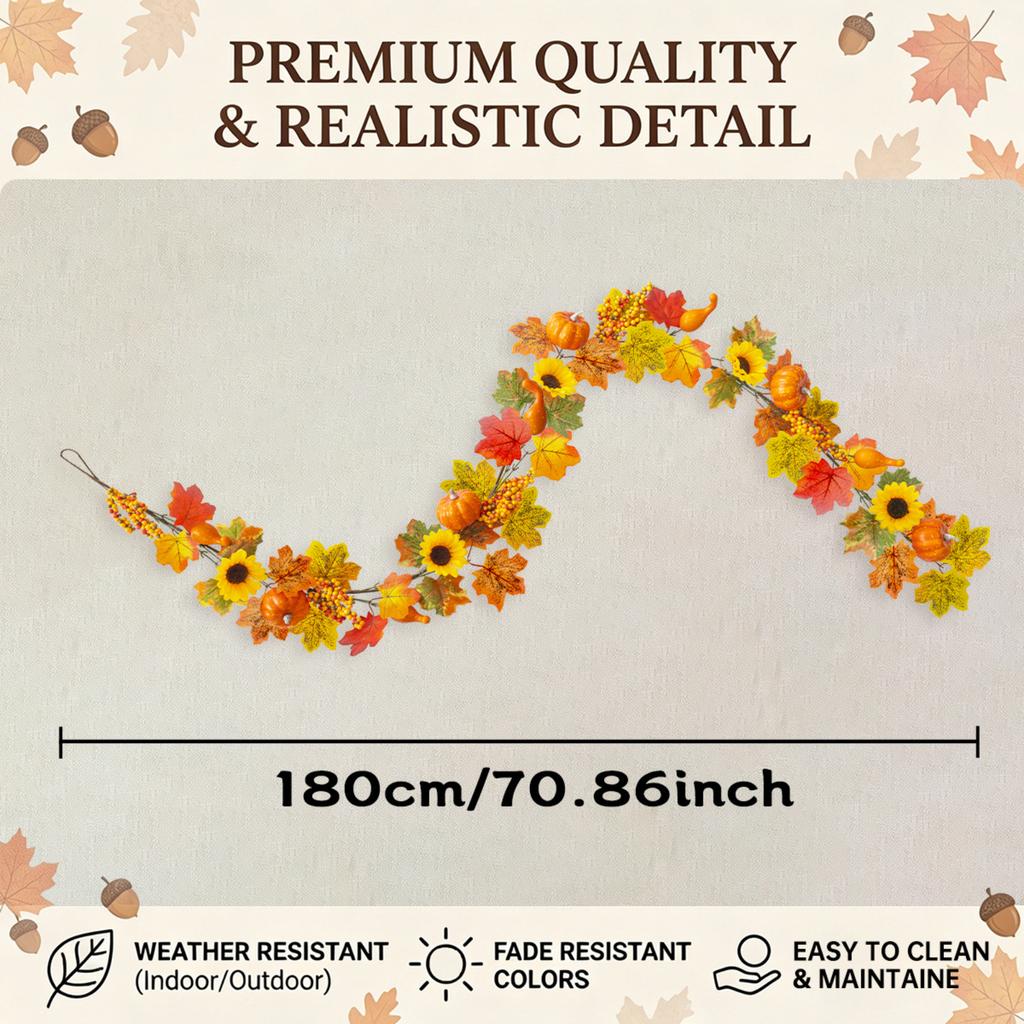 Artificial Pumpkin Sunflower Maple Leaf Garland for Autumn Harvest Festival Halloween Thanksgiving Indoor Outdoor Decor