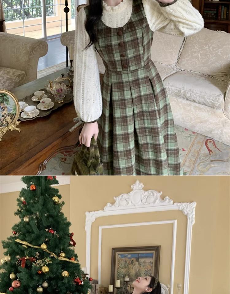 2025 Autumn/Winter Petite Green Plaid College-Style Two-Piece Dress for Women