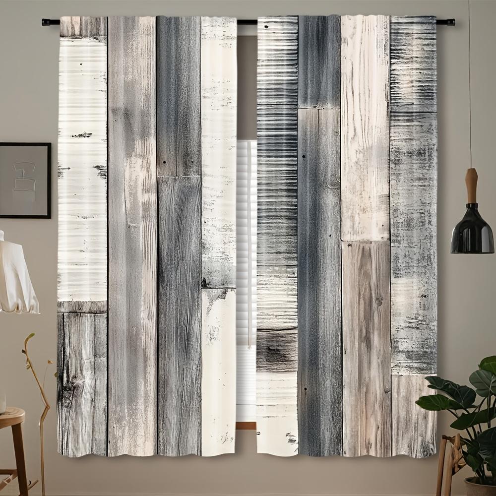 

Set Of 2 Modern European Style Wood Floor Printed Curtains Design Semi Transparent Polyester Drapes Kitchen Cafe Curtain For Window Made With Rod W100*H70(CM)-Rod Pocket&2PCS