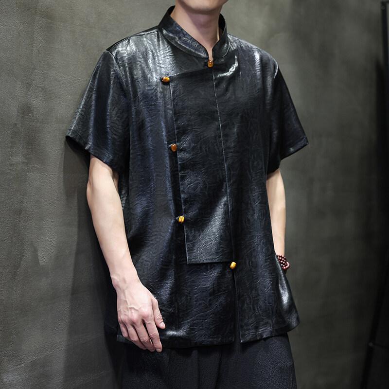 

Мужские рубашки в китайском стиле 2025 года, мужские рубашки с дизайном перекрестного воротника, однотонные простые рубашки, повседневная уличная одежда, мужская блузка с коротким рукавом 3XL чёрный
