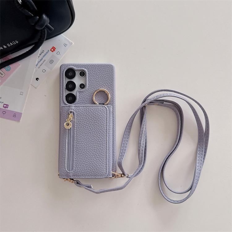 Applicable To Samsung S25Ultra Mobile Phone Case, Lychee Pattern Zipper Bag S25FE Messenger Card S24plus Protective Case